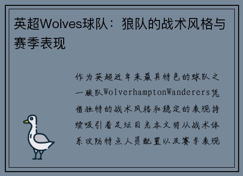 英超Wolves球队：狼队的战术风格与赛季表现