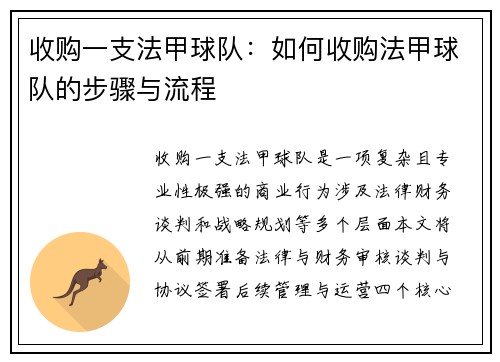 收购一支法甲球队：如何收购法甲球队的步骤与流程